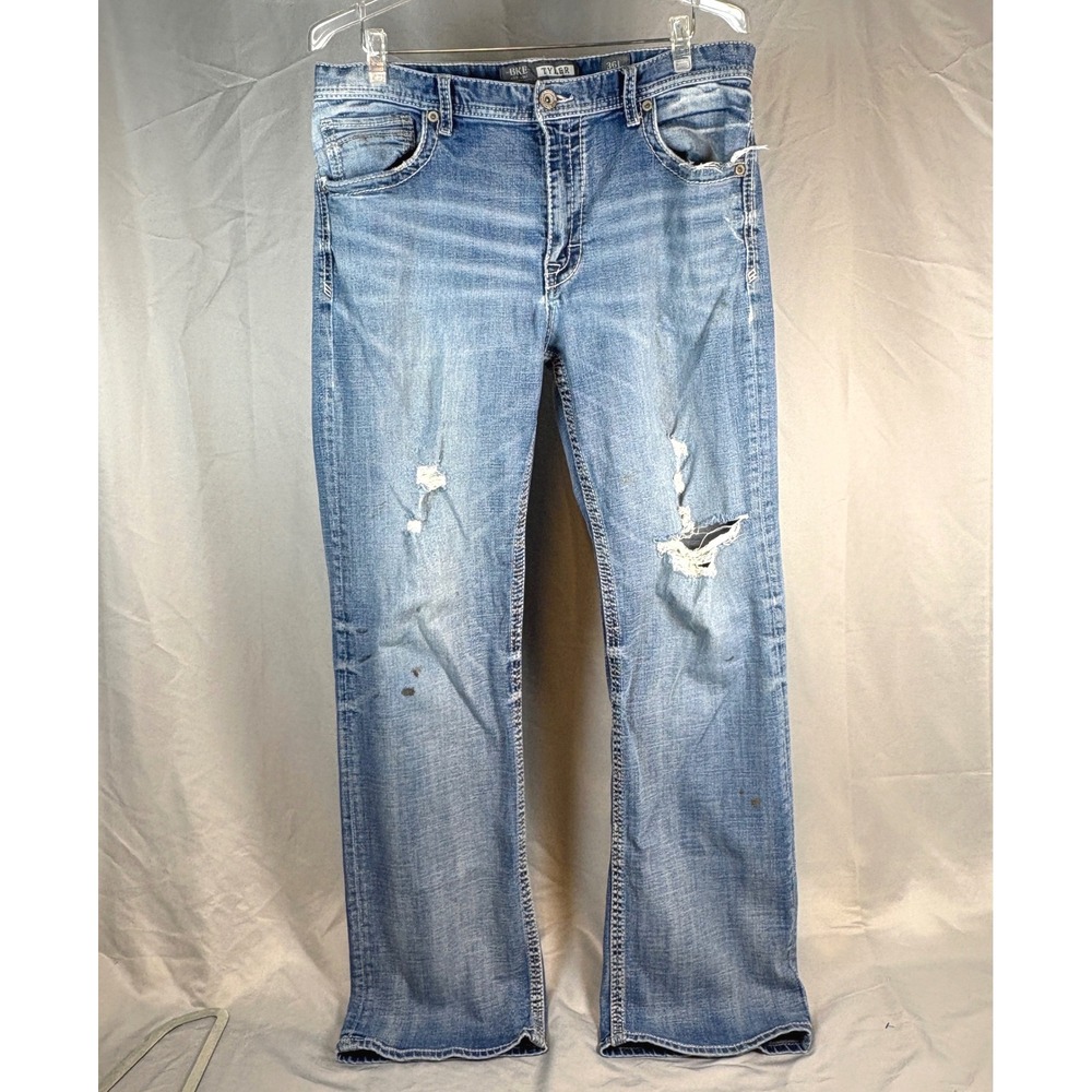 BKE Tyler Buckle Bootleg Jeans Mens 36L Distressed Grunge Blue Denim Repaired